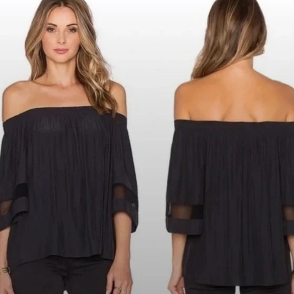 Ramy Brook / black Jessica Smocked Off-shoulder short sleeve silk  Top S - Picture 2 of 5